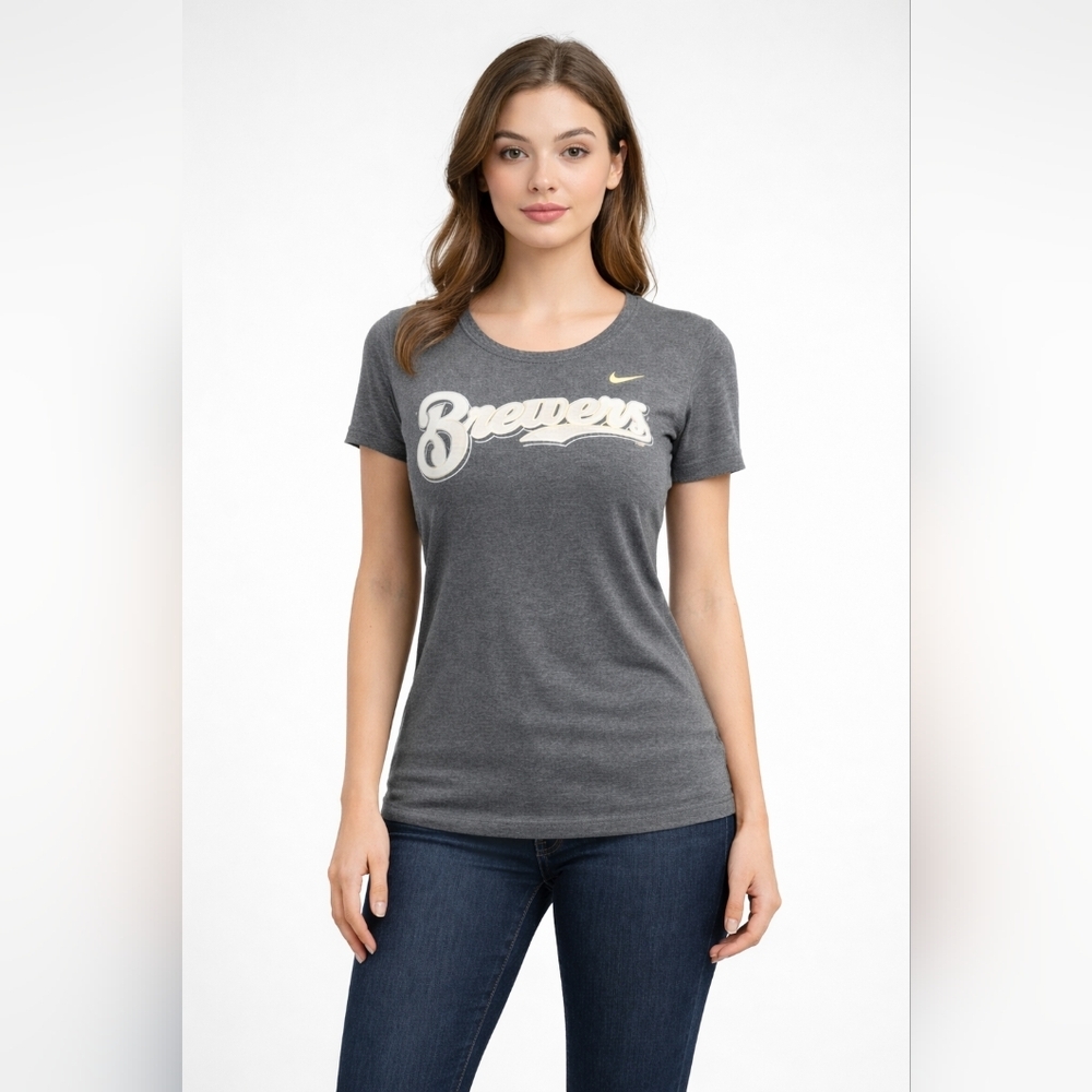 Nike MLB Milwaukee Brewers Gray Babydoll Tee Women’s Size L #1083